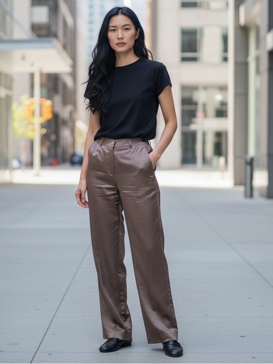 Basler Pants - BASLER Black Label Tan Faux Silk Dupioni Straight Leg Trouser Pants Size 36 US 6